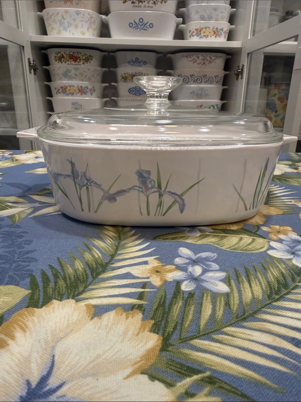 Corningware White Casserole Dish with Blue Floral Iris Pattern A-2-B